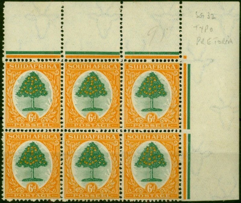 South Africa 1926 6d Green & Orange SG32 V.F MNH Corner Block of 6