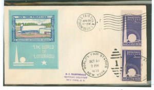 US 853 1939 3c New York World's Fair event cover with cancels and cachet: 4/30 World of tomorrow & 10/31 Last Day cancel