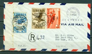 LIBERIA 1943 REGISTERED AIR COVER TO US...#C28,C35,C36