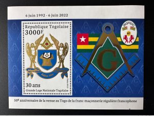 Togo 2022 S/S Golden Block Mi. ? 50 Years Grand Lodge Regular Freemasons-