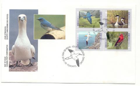 Canada # 1634A FDC Block of 4 Grebe-Gannet-Tanager-Birds