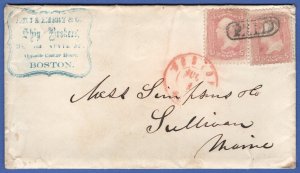 US 1861 3c Scott 64b or 65 (2) on 1863 Boston, Mass. cover to Sullivan, Maine