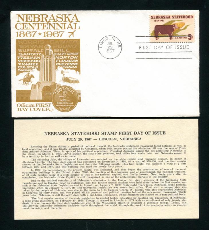 Sc. 1328 Nebraska Statehood FDC - Nebraska Cent. Comm.