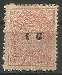 TRAVANCORE, 1921, MH 1ca on 4ca, Surcharged Scott 19