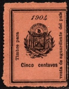 1904 El Salvador Revenue 5 Centavos Alcohol Tax Sale Of Liquor From The Country