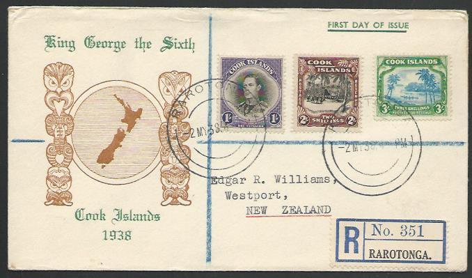 COOK IS 1938 GVI 1/-, 2/- & 3/- complete on commem FDC registered to NZ....56265