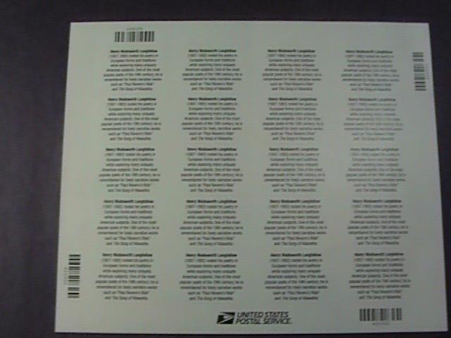 U.S.# 4124-MINT/NH--PANE OF 20---LITERARY ARTS/LONGFELLOW ----2007