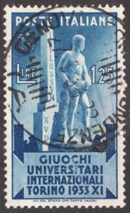 1933 Italy Sc #309 - 1.25 Lire. Torino University Games. Used stamp Cv$6.50