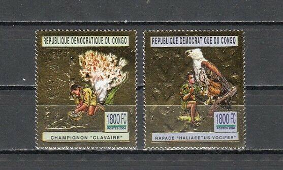 Congo, Dem. 2004 issue. Scouts with Mushroom & Bird, on 2 Gold Foils.