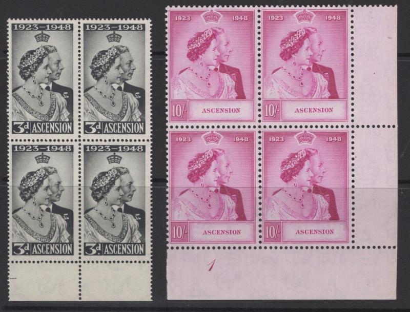 ASCENSION SG50/1 1948 SILVER WEDDING MNH BLOCKS OF 4 (10/- HAS PLATE NUMBER)