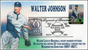 AO 3408I, 1989, Legends of Baseball, FDC, Add On Cachet, Walter Johnson, SC 3408