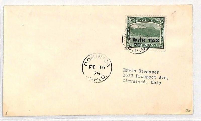 DOMINICA KGV Cover GPO *WAR TAX* Overprint USA Ohio Cleveland 1929 BH74