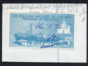 Isle of Man 5/- Blue QEII Pictorial Revenue Manuscript Cancel On Piece