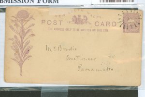 New South Wales  Postal card dated 1890 by receipt cancel on back side