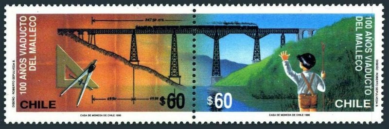 Chile 931-932a pair,MNH. Malleco Bridge,100.Boy waiving at train on bridge.1990.