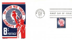 IN GOD WE TRUST 8c LIBERTY STAMP FDC ON CACHET KEN BOLL RED/Blue/White 1954