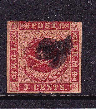 DANISH WEST INDIES  1856  3c DARK CARMINE BROWN GUM  FU  SG 1