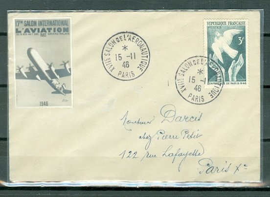 FRANCE PARIS 1946 AERONAUTICAL EXPO...#566 & VERY NICE VIGNETTE   CLEAN COVER