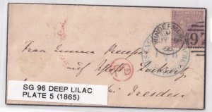 GREAT BRITAIN SG 96 PLT 5 DEEP LILAC (1865) WINDERMERE TO SAXONY MOURNING COVER