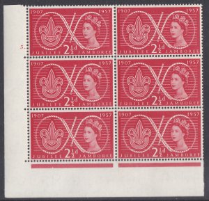 1957 2½d Jubilee Jamboree (scouts) Cylinder 5 Dot block UNMOUNTED MINT