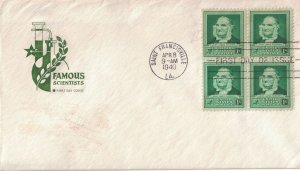 1940 FDC, #874, 1c John James Audubon, House of Farnam, block of 4