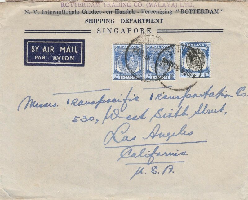 MALAYA 1948 Straits SettlementsSingapore KGVI Airmail Cover to USA M2603