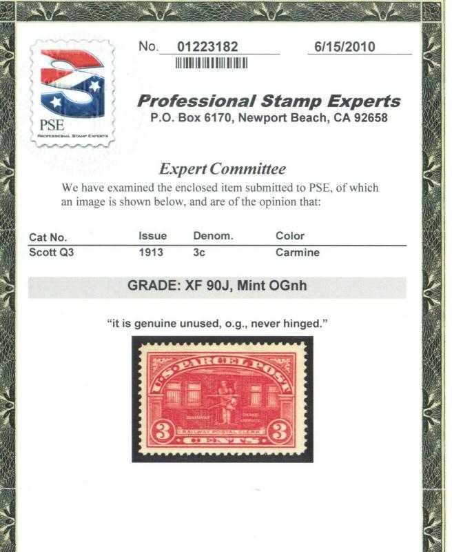 USA #Q3 Extra Fine Never Hinged **Graded 90J Certificate**