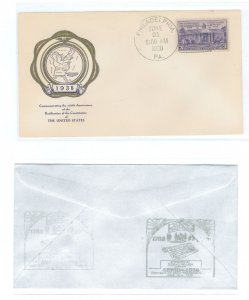 US 835 1938 3c Constitution Ratification unaddressed first day cover with a rice cachet (plus a second cachet - sepad) cachet on
