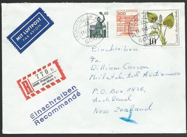 GERMANY 1989 Registered airmail cover to New Zealand - nice franking.......11235