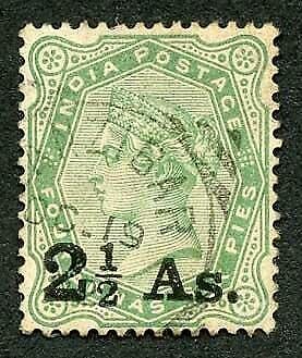 Zanzibar SGZ74 India 2 1/2a on 4a6p Yellow-green Squared Circle (type Z5)