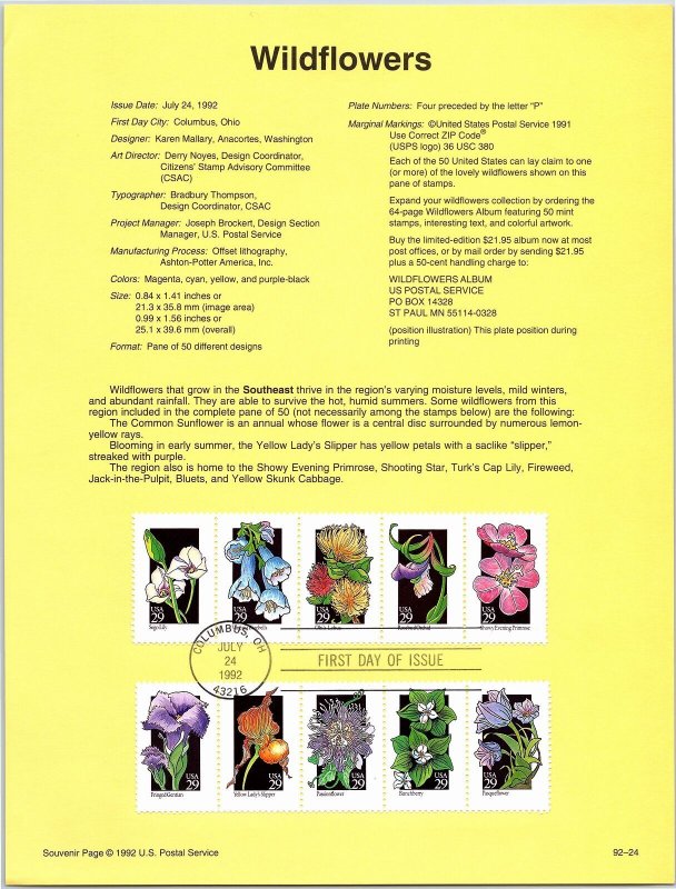 USPS SOUVENIR PAGE WILDFLOWER SERIES (2) STRIPS OF (5) 1992 TYPE D