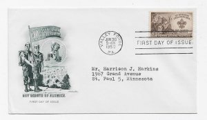 US 995 (Me-5) 3c Boy Scouts single on FDC Artmaster Cachet ECV $24.00