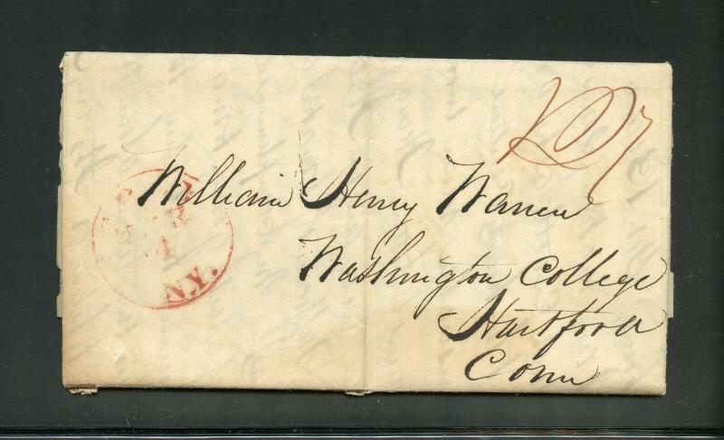 UNITED STATES 1834 NEW YORK  STAMPLESS  COVER TO HARTFORD CT