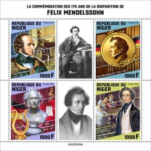 Niger - 2022 Composer Felix Mendelssohn - 4 Stamp Sheet - NIG220246a