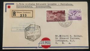 1940 Triesen Lichtenstein First Flight cover to Irvington NJ USA Via Barcelona