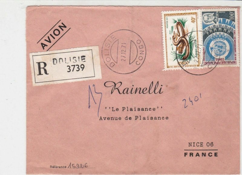 Rep Du Congo 1971 Regd Airmail Dolisie Cancels Snake +U N Stamps Cover Ref 30773