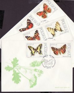 Poland, Scott cat. 3050-3055. Butterflies on 3 First Day Covers. ^