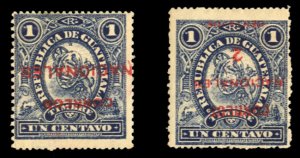 Guatemala #86a-87a Cat$25, 1898 1c and 2c, surcharges inverted, hinged, penci...