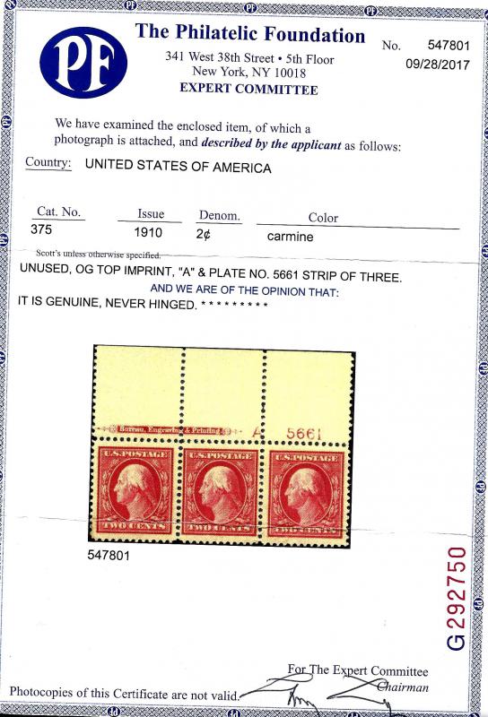 375 Mint,OG,NH... Imprint Strip of 3... PF Cert... SCV $158.00