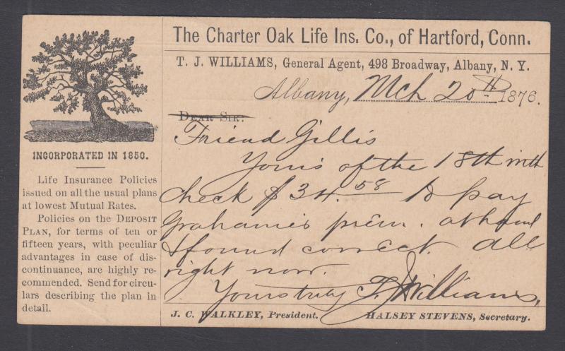 US Sc UX 3 1876 Advertising Postal Card for Charter Oak Life Insurance, Hartford