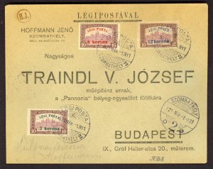 HUNGARY 1921 AIRMAIL Set Sc C3-C5 on Flown Cover Szombathely to Budapest