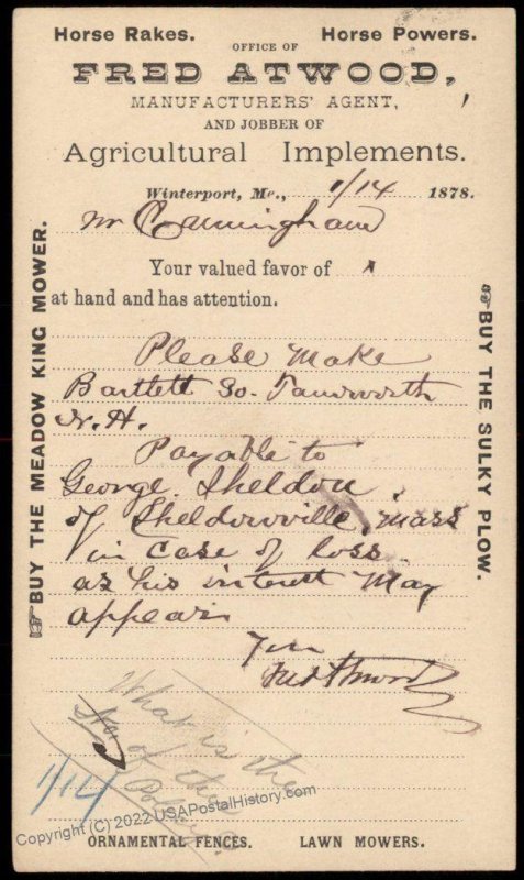 USA 1879 WINTERPORT Maine Violet Cancel Postal Card Cover Advertising 96287