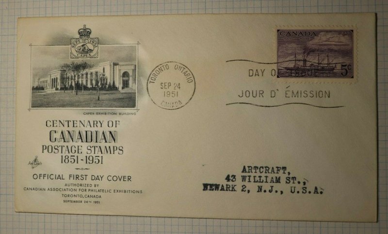 Canada FDC Set CAPEX 1951 Art Craft Cachet Sc# 311 Set 4 Cover Centenary 