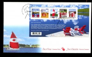 ? 2013 Muskoka Chairs, Hay, Sailing 5 x P stamp souvenir sheet FDC cover Canada