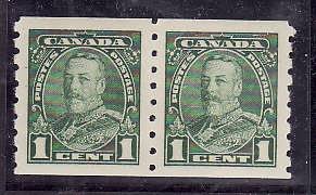 Canada-Sc#228-unused hinged 1c KGV Pictorial coil pair-og-Cdn1023-1935-