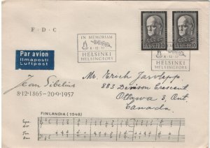 Finland 1957 FDC Sc 353 30m Jean Sibelius, composer (pair) Airmail to Canada