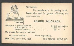1891 POSTAL CARD NY THE ARABOL MFG CO SELLS MUCILAGE IN CANS & BARRELS