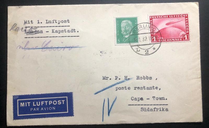 1932 Berlin Germany First Southbound Flight Cover FFC To Cape town South Africa