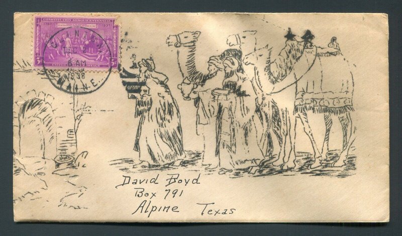 1938 Hand Drawn 3 Wise Men Christmas Cover - Clinton, Maine to Alpine, Texas