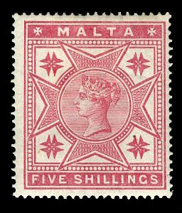 Malta #14 Cat$125, 1886 Victoria, 5sh rose, hinged